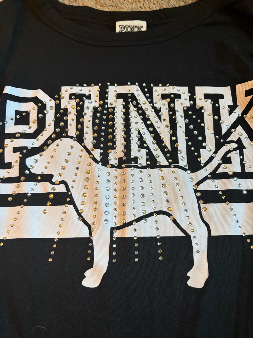 PINK Victoria's Secret Black Graphic Dog Tee with Silver Studs